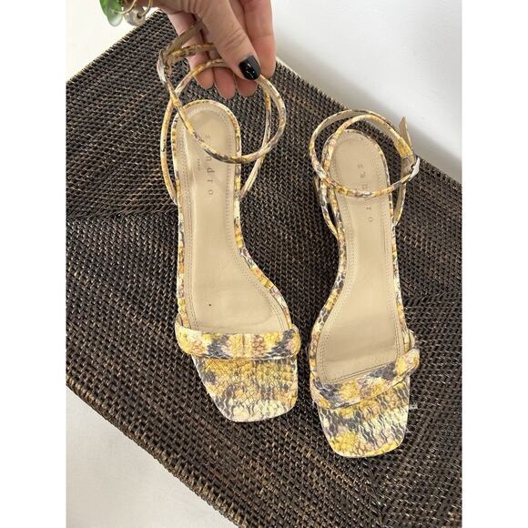 Sandro Ankle Strap Maeva Yellow Brown Snakeskin Leather Sandals EU40 US9 Square - Picture 3 of 10